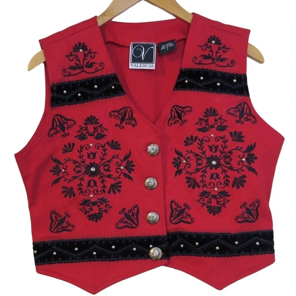 Valencia Red Western Crop Vest Cowboy Cowgirl Boho Button‎ Up Festival Concert